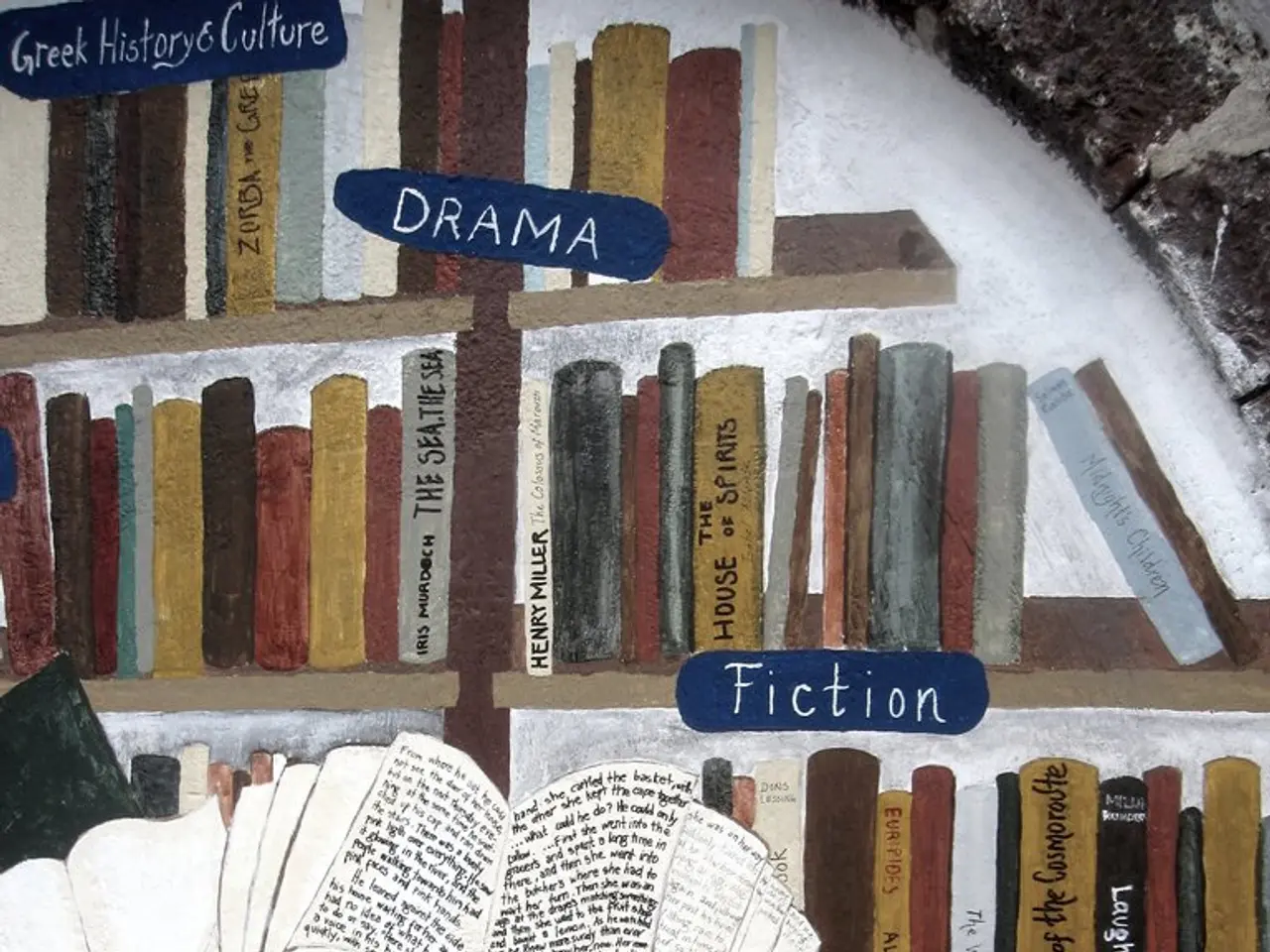 In this image I can see the painting of few books and also many books in the rack. I can see...