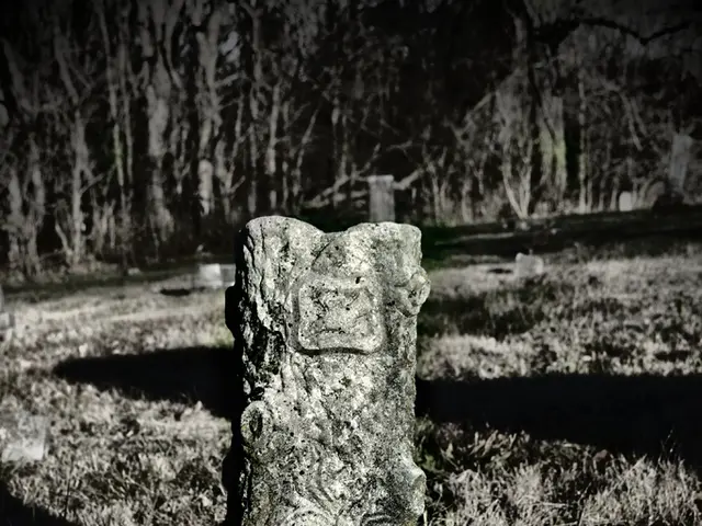 In this image I can see the memorial and the grass. In the background I can see many trees.