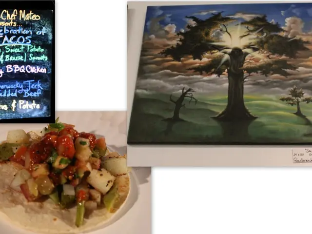 I can see this is an edited image. There is food item on a plate, there is a board with text ,also...