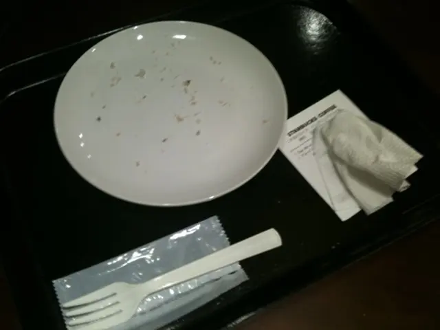 In the image there is a plate, fork, napkin, paper and a tray placed on the table.