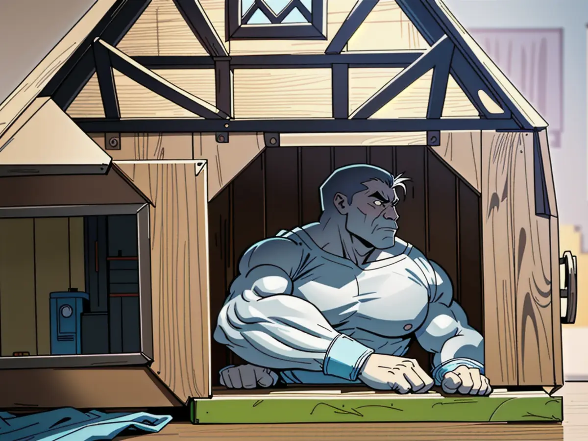Feline comfortably settled within a miniature cardboard home resembling a quaint cottage, accompanied by a nearby plaything. Feline resting in a homey, cardboard structure modeled after a quaint cottage, with a pet plaything nearby